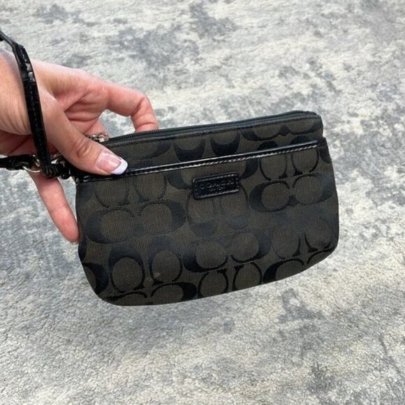 Coach Signature Zip Top Wristlet Pouch Monogram Black Dark Brown - Picture 1 of 16